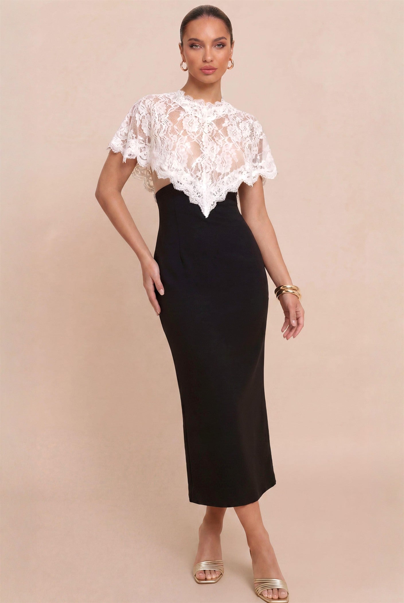 Lace Caped Midi Dress- Black