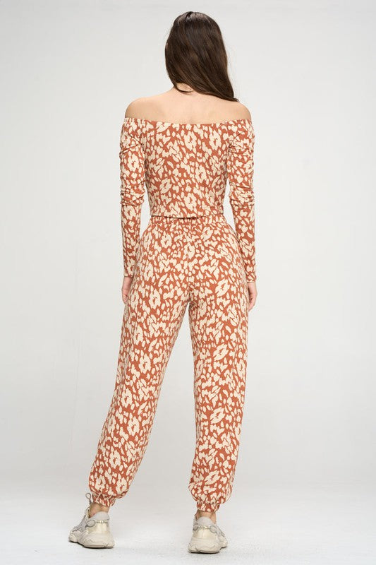 Leopard Print Jogger & Off Shoulder Top Lounge Set