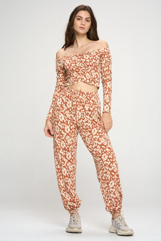 Leopard Print Jogger & Off Shoulder Top Lounge Set