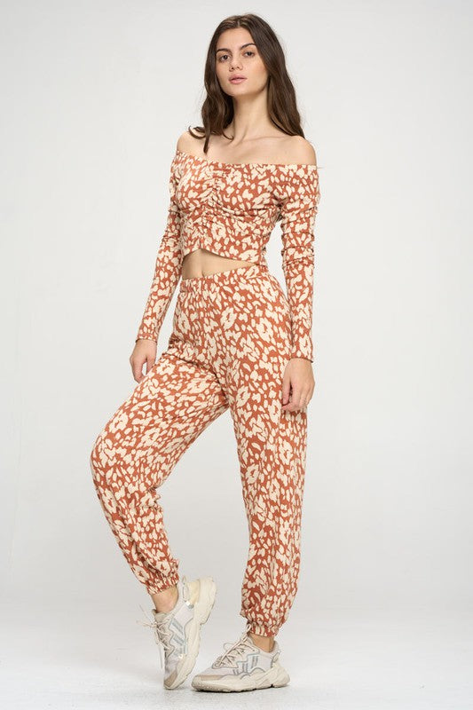Leopard Print Jogger & Off Shoulder Top Lounge Set