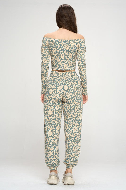 Leopard Print Jogger & Off Shoulder Top Lounge Set