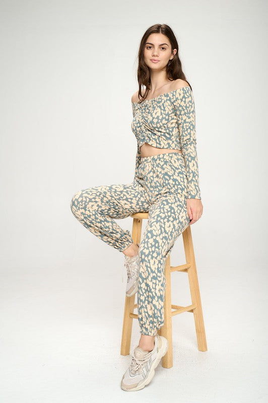 Leopard Print Jogger & Off Shoulder Top Lounge Set