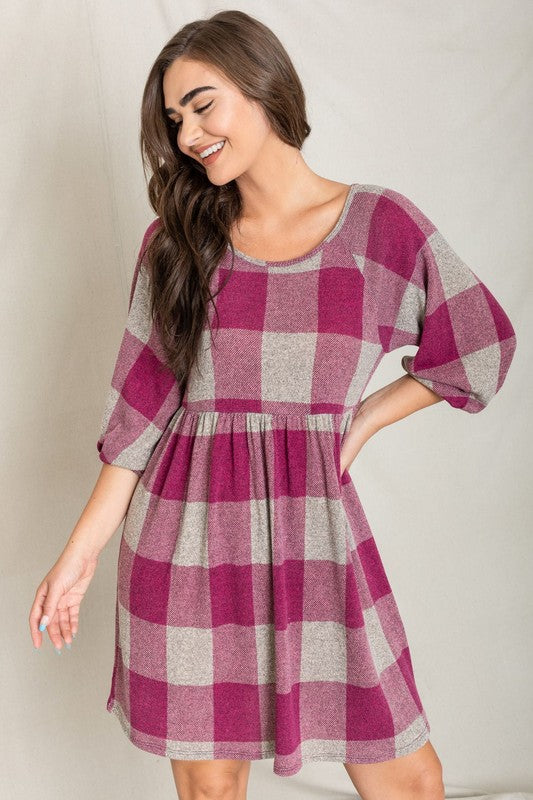 Checker Balloon Sleeve Midi Dress-2 Colors