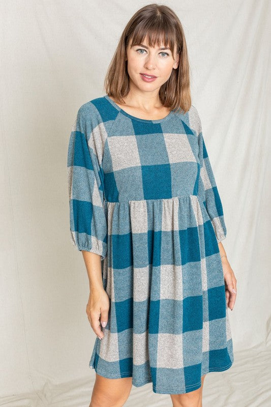 Checker Balloon Sleeve Midi Dress-2 Colors