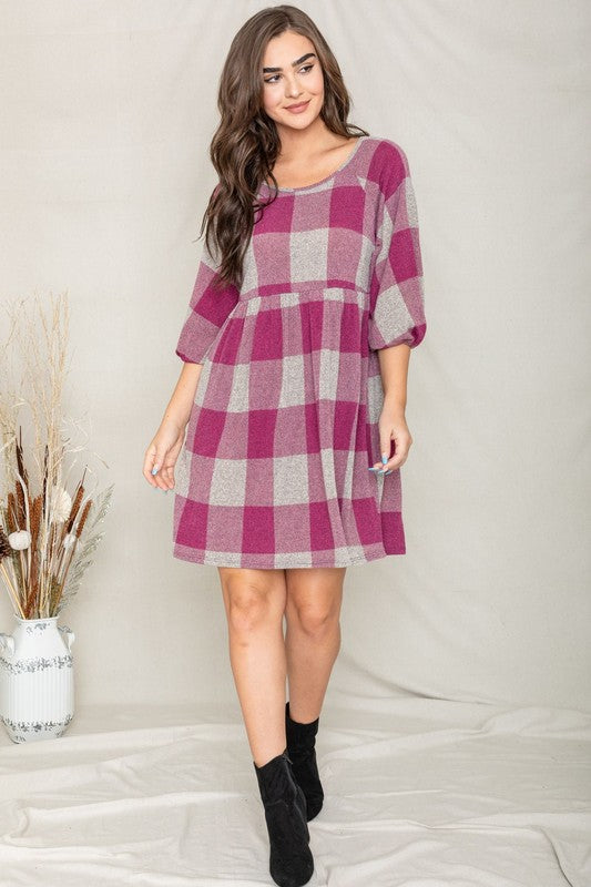 Checker Balloon Sleeve Midi Dress-2 Colors
