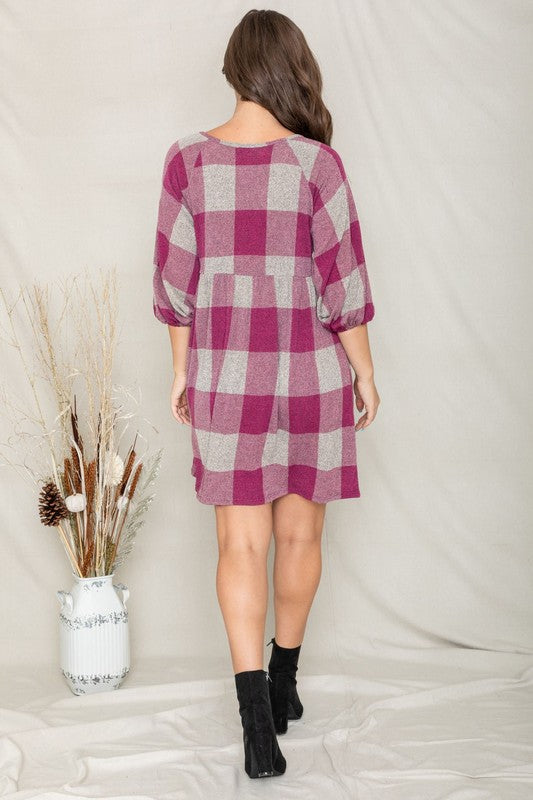 Checker Balloon Sleeve Midi Dress-2 Colors