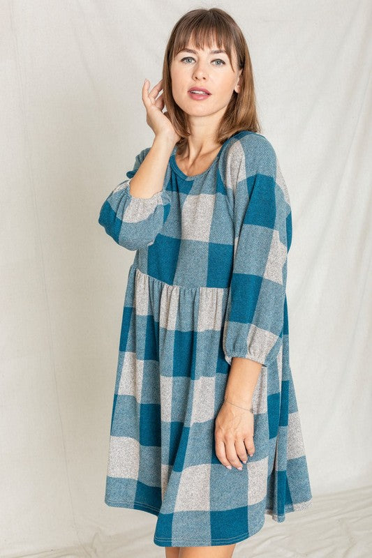 Checker Balloon Sleeve Midi Dress-2 Colors