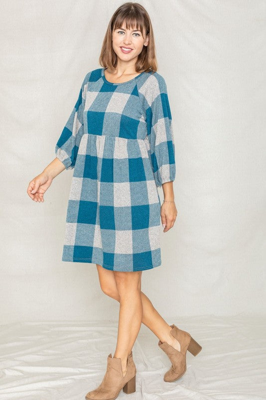 Checker Balloon Sleeve Midi Dress-2 Colors