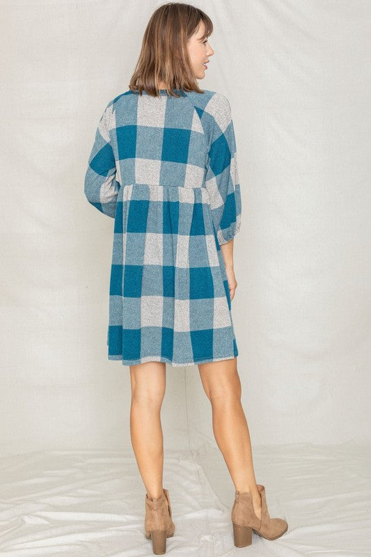 Checker Balloon Sleeve Midi Dress-2 Colors