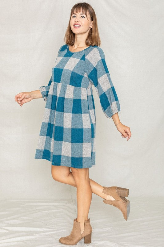 Checker Balloon Sleeve Midi Dress-2 Colors