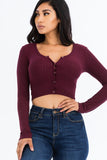 Ribbed Long Sleeve Snap Button Down Crop Top- 7 Colors