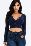 Ribbed Long Sleeve Snap Button Down Crop Top- 7 Colors