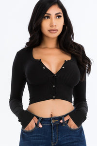 Ribbed Long Sleeve Snap Button Down Crop Top- 7 Colors