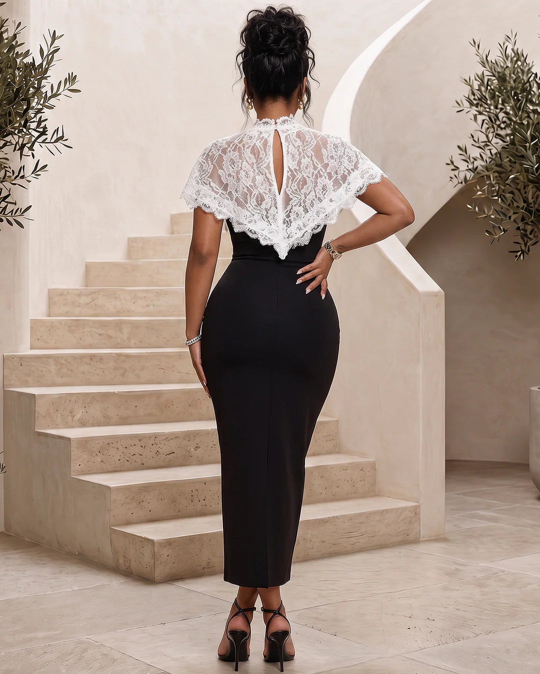 Lace Caped Midi Dress- Black