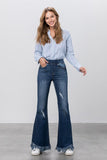 Elastic Banded Long Frayed Flare Jeans