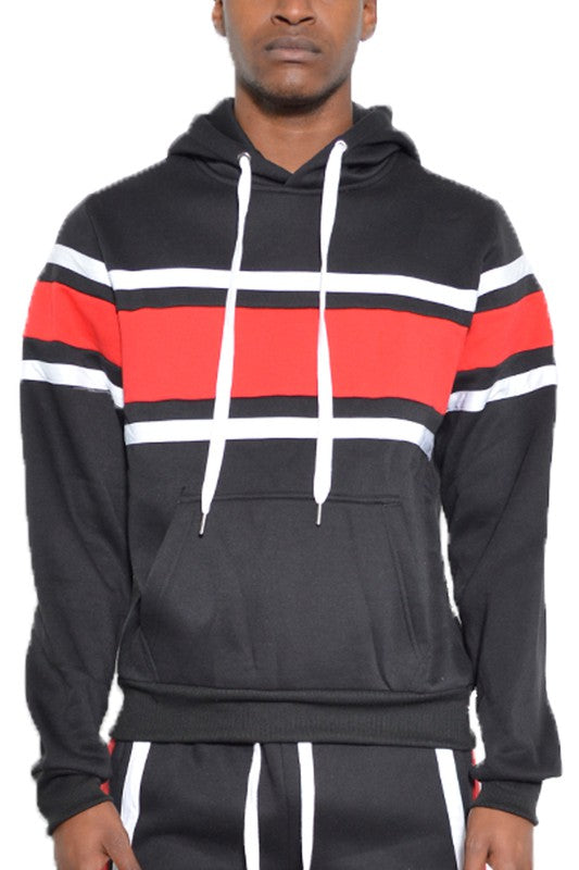 MEN'S SOLID WITH THREE STRIPE PULLOVER HOODIE- 4 COLORS