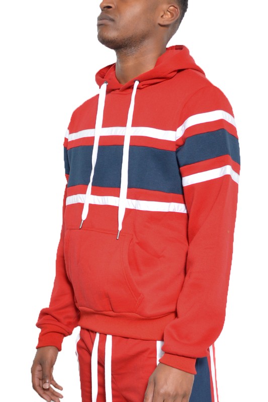 MEN'S SOLID WITH THREE STRIPE PULLOVER HOODIE- 4 COLORS
