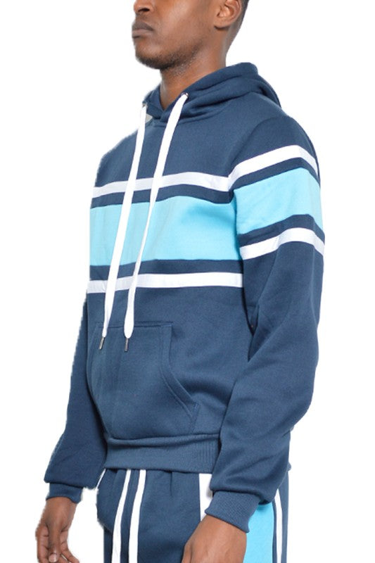 MEN'S SOLID WITH THREE STRIPE PULLOVER HOODIE- 4 COLORS