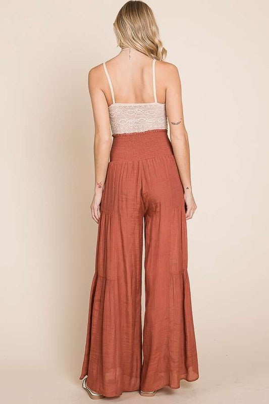 Plus Size Tie Front Ruched Waist Back Pants-3 Colors