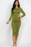 Ruched Long Sleeve Midi Dress-6 Colors