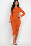 Ruched Long Sleeve Midi Dress-6 Colors