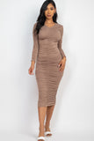 Ruched Long Sleeve Midi Dress-6 Colors