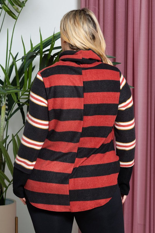 PLUS SIZE MULTI COLORED SRTIPE COWL NECK TUNIC-2 COLORS