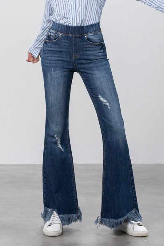 Elastic Banded Long Frayed Flare Jeans