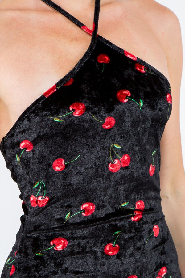 Cherry Printed Velvet Halter Mini Dress (Special Sale)