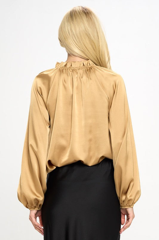 Plus Size Solid Gold Satin Ruffle Mock Neck Top