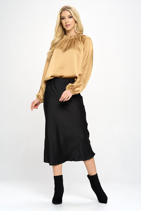 Plus Size Solid Gold Satin Ruffle Mock Neck Top