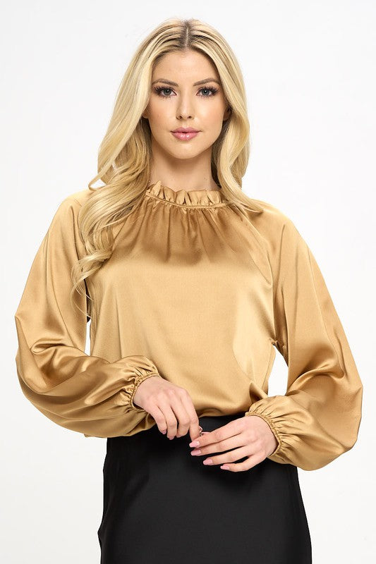 Plus Size Solid Gold Satin Ruffle Mock Neck Top