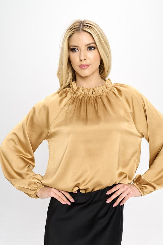 Plus Size Solid Gold Satin Ruffle Mock Neck Top