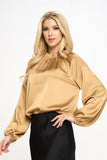 Plus Size Solid Gold Satin Ruffle Mock Neck Top
