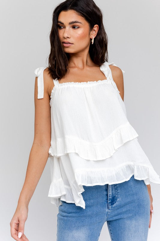 Sleeveless Asymmetrical Hem Line Tiered Top- 2 Colors