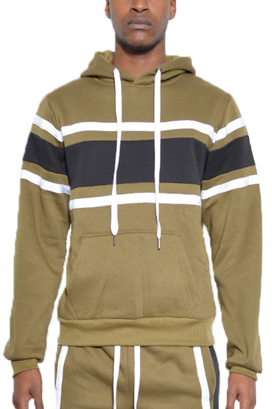 MEN'S SOLID WITH THREE STRIPE PULLOVER HOODIE- 4 COLORS