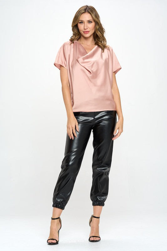 Renee C Satin Cowl Neck Short Sleeve Top