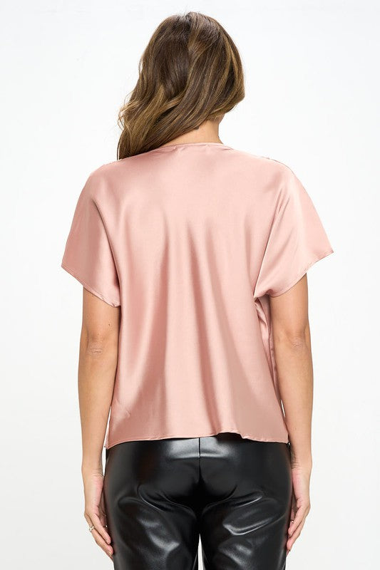 Renee C Satin Cowl Neck Short Sleeve Top
