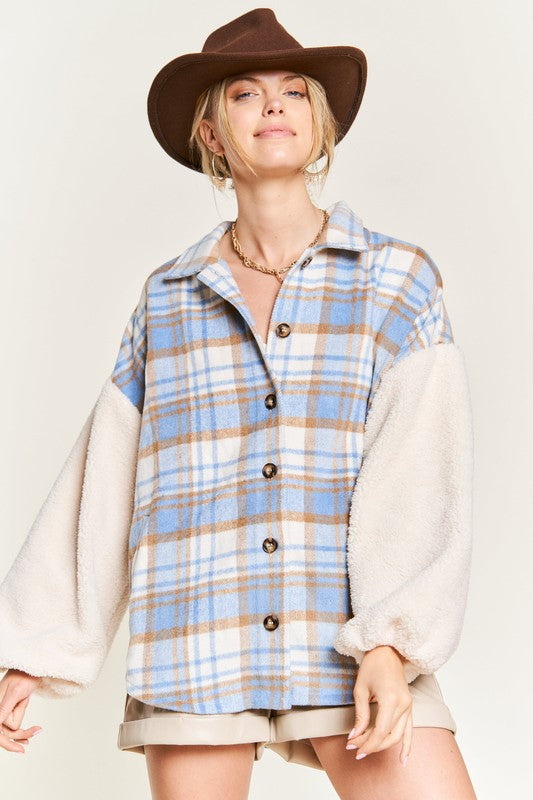 Plus Size Multi Plaid Fuzzy Sleeve Jacket