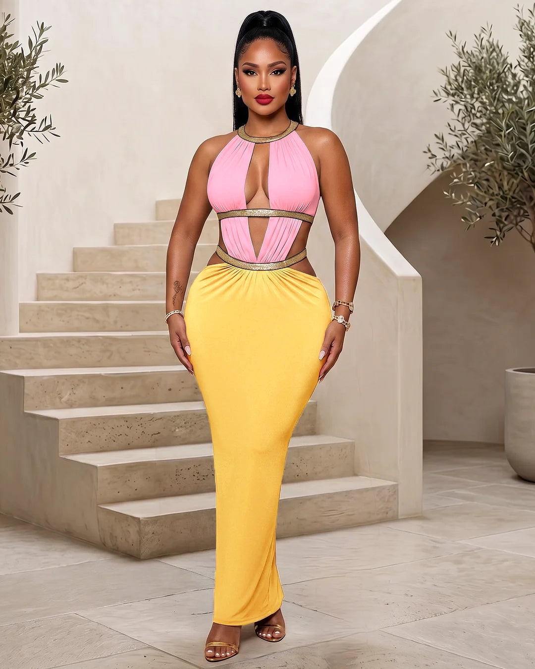 Roman Goddess Maxi Dress- Yellow/Pink