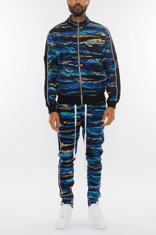 MENS PRINT FULL ZIP TRACK SUIT SET-3 COLORS