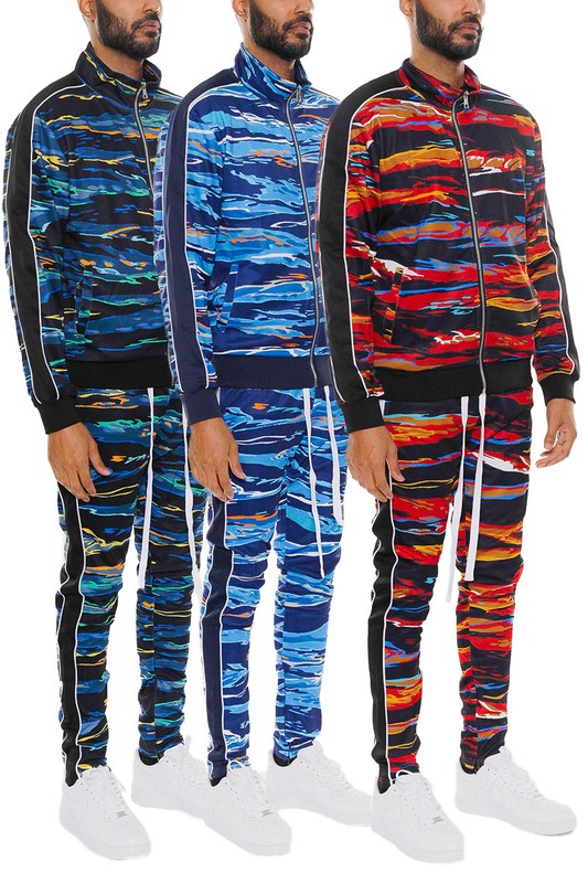 MENS PRINT FULL ZIP TRACK SUIT SET-3 COLORS