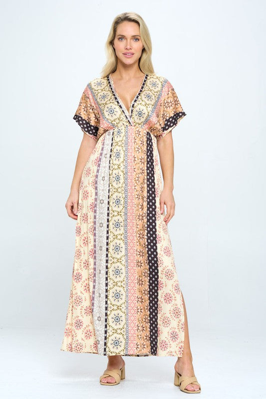 Renee C Print Kimono Maxi Dress with Side Slit