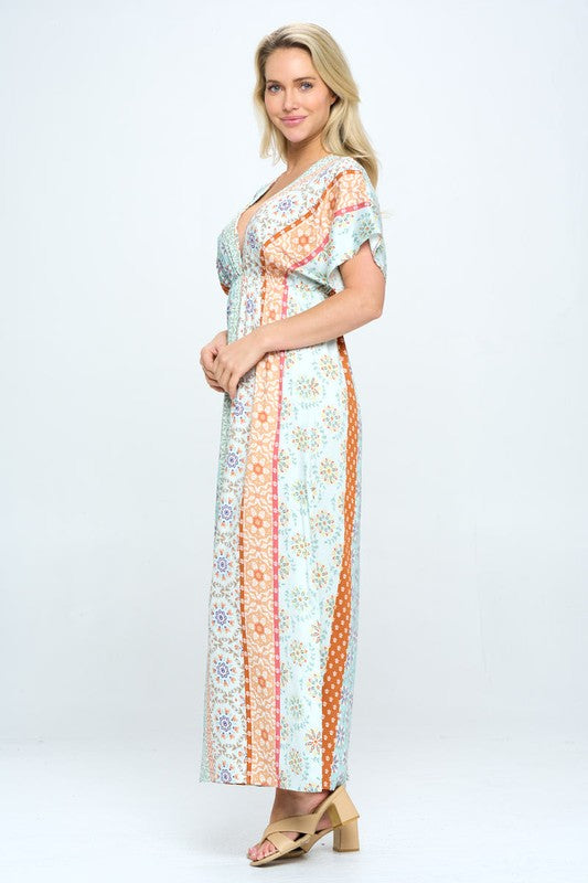 Renee C Boho Print Kimono Maxi Dress with Side Slit