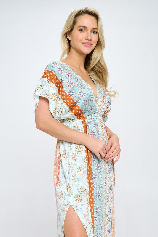 Renee C Boho Print Kimono Maxi Dress with Side Slit