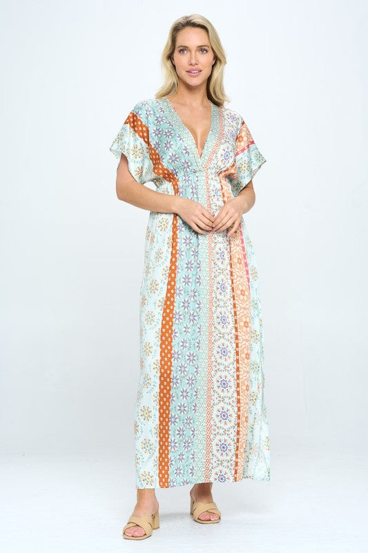 Renee C Boho Print Kimono Maxi Dress with Side Slit