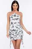 Butterfly Prints Ruched Halter Mini Dress