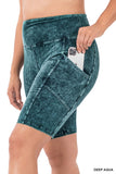 Plus Size Mineral Wash Wide Waistband Pocket Legging Shorts
