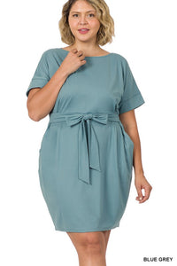 Plus Size Brushed Tie Belt Dress- 6 Colors