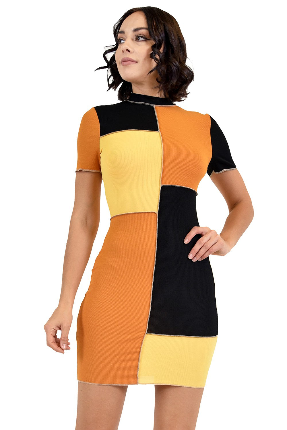 Short Sleeve Color Block Stitch Mini Dress